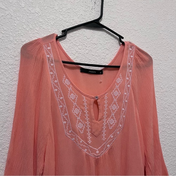 J Roberts Pink Embroidered Boho Brushed Cotton Peasant Keyhole Top Womens Size M - Picture 2 of 10